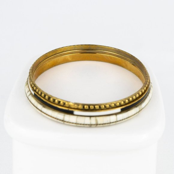 COPY - Lot of 3 Bangle Bracelets Boho Brass Inlaid Bone Black White Enamel Text… - Picture 6 of 9